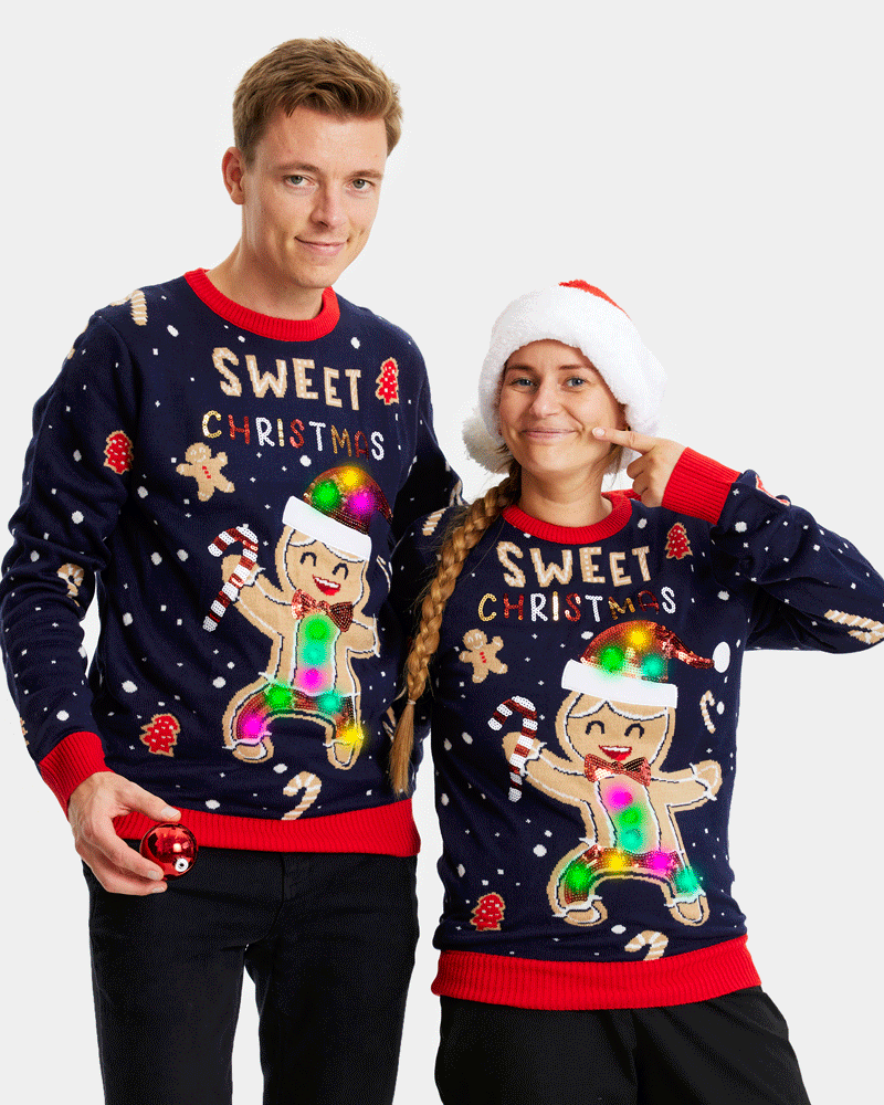 Jersey de Navidad con Luces LED para Mujer Y Hombre Azul Ginger Cookie