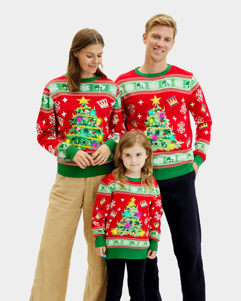 Parejas Jersey de Navidad con Luces LED para Familia Rojo con Árbol Navidad