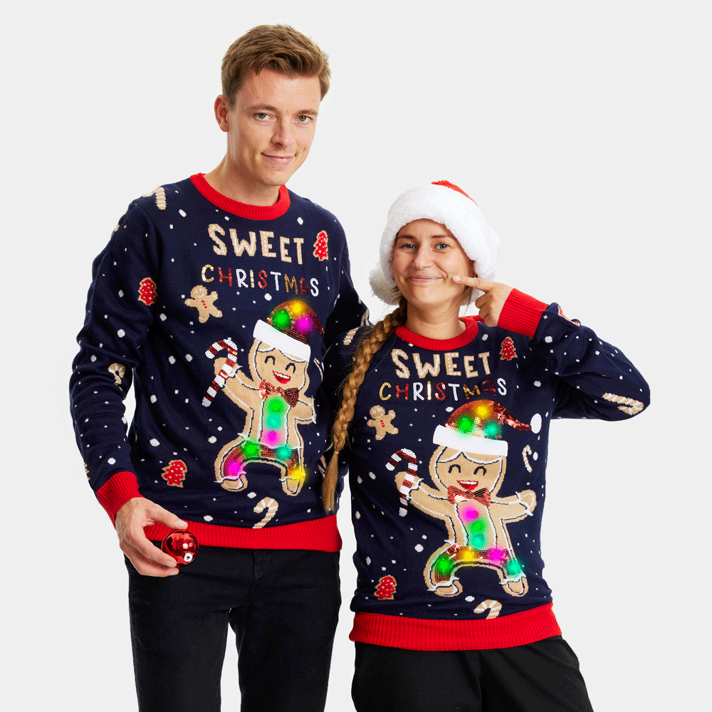 Jersey de Navidad con Luces LED Parejas Azul Ginger Cookie