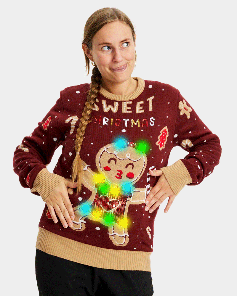 Jersey de Navidad con Luces LED Parejas Rojo Ginger Cookie mujer