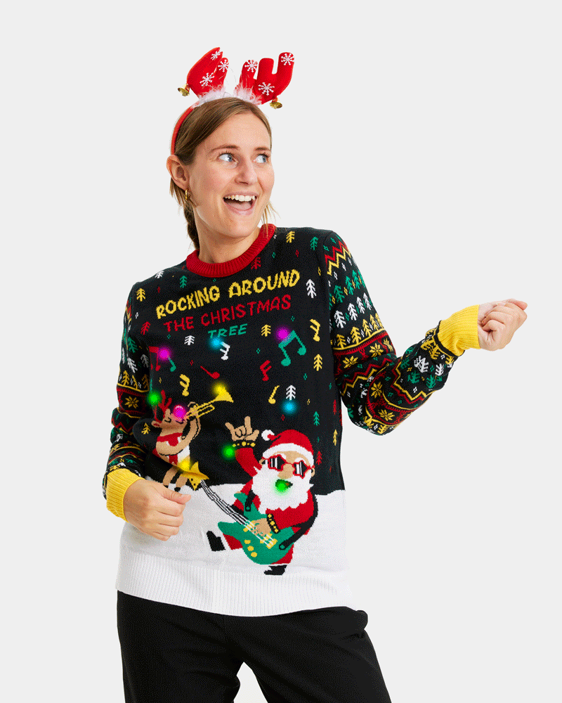 Jersey de Navidad con Luces LED Parejas Santa Mujer Rockero