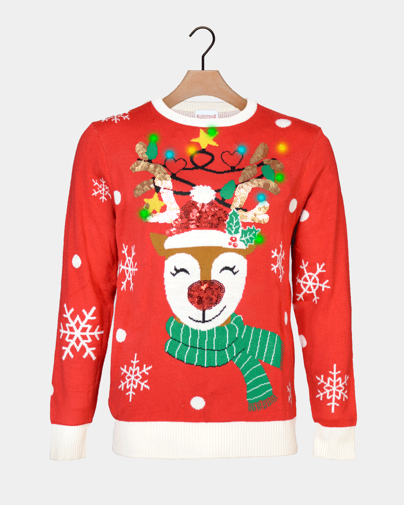 Jersey de Navidad Luces LED Reno Brillante Lentejuelas Hombre