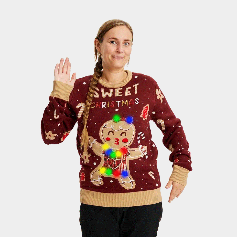 Ginger Cookie Jersey de Navidad con Luces LED Mujer Rojo