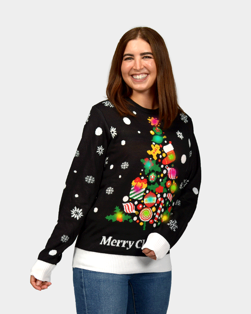 Jersey de Navidad Luces LED Mujer Árbol de Navidad Negro
