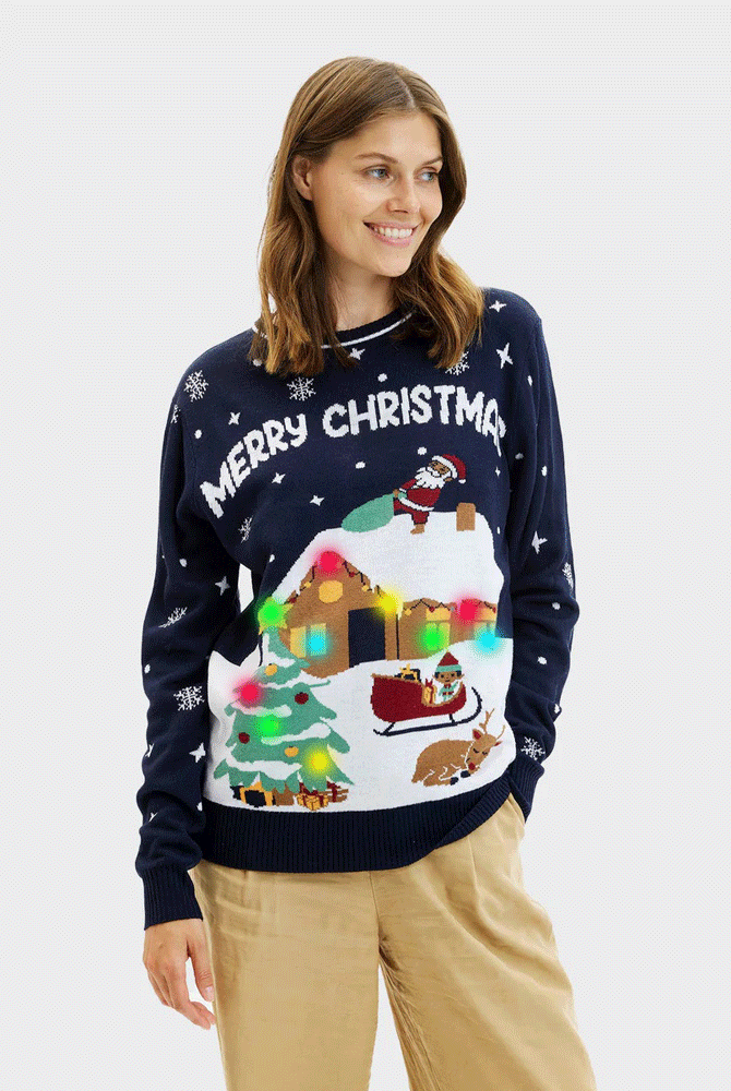 Jersey de Navidad con Luces LED para Mujer Azul Merry Christmas