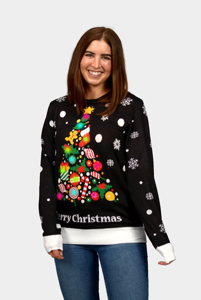 Jersey de Navidad con Luces LED para Mujer Negro con Árbol de Navidad