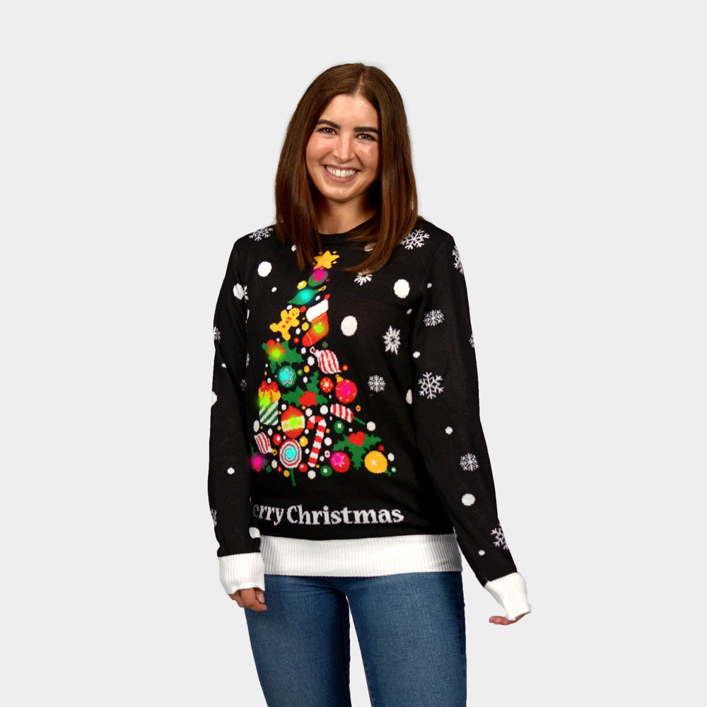 Jersey de Navidad con Luces LED para Mujer Negro con Árbol de Navidad