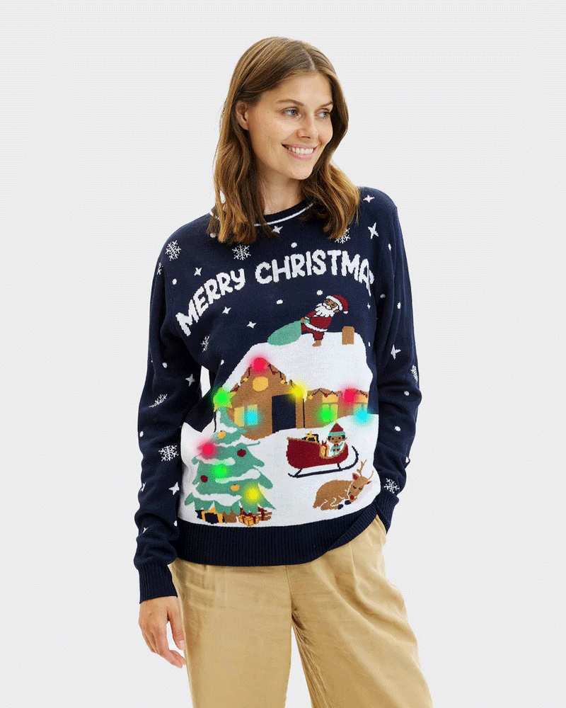 Mujer Jersey de Navidad con Luces LED Parejas Azul Merry Christmas