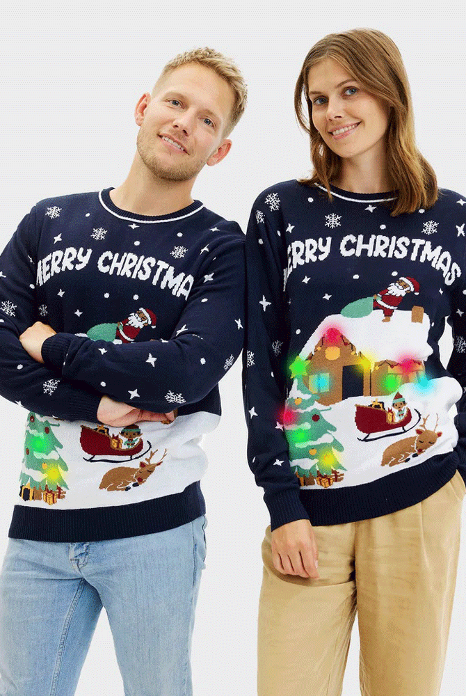 Jersey de Navidad con Luces LED Parejas Azul Merry Christmas