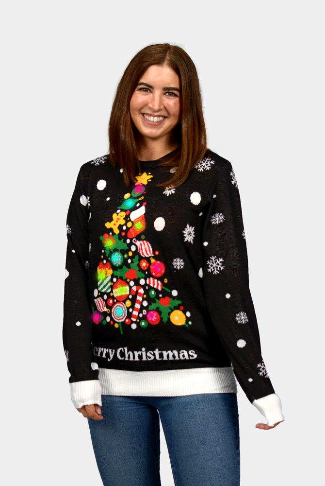 Jersey de Navidad Mujer Luces LED Parejas Negro con Árbol de Navidad