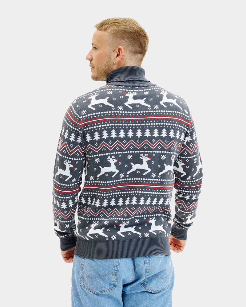 Jersey hombre Navidad de cuello alto Gris con Renos Algodón Orgánico