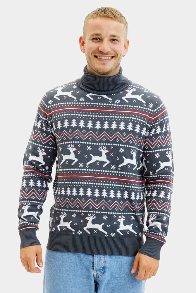Jersey de Navidad de cuello alto para Hombre Gris con Renos Algodón Orgánico
