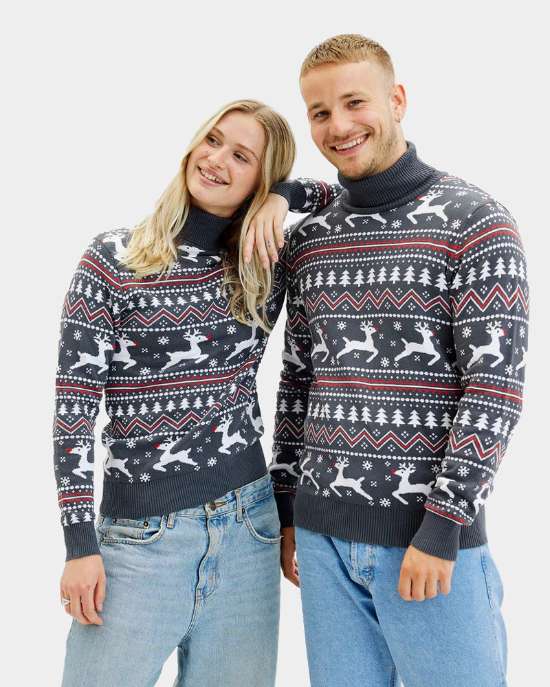 Hombre Jersey de Navidad de cuello alto Gris con Renos Algodón Orgánico