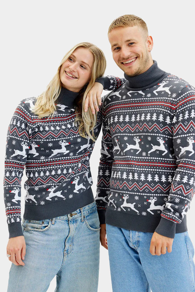Hombre Jersey de Navidad de cuello alto Gris con Renos Algodón Orgánico