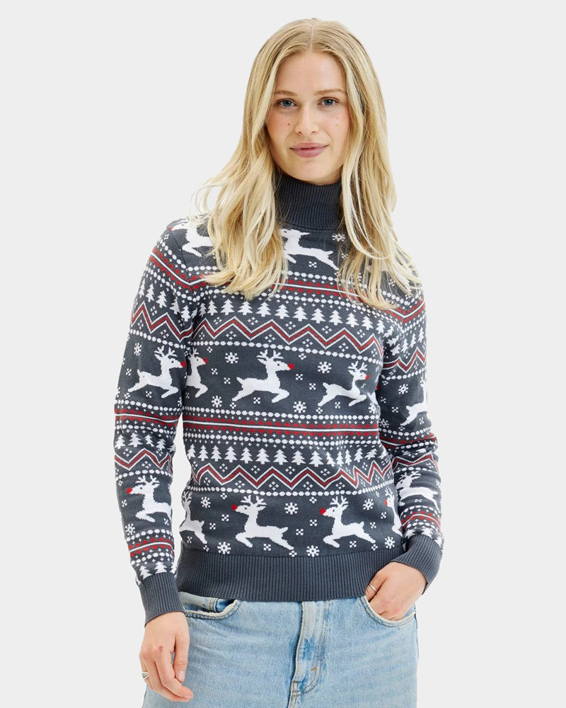 Jersey de Navidad de cuello alto para Mujer Gris con Renos Algodón Orgánico