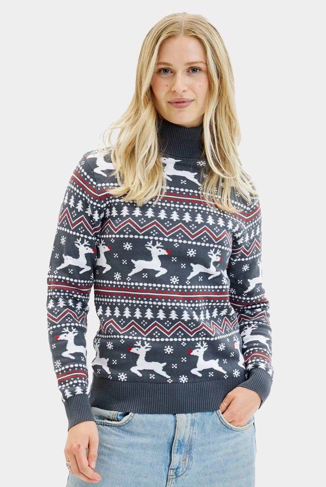Jersey de Navidad de cuello alto para Mujer Gris con Renos Algodón Orgánico