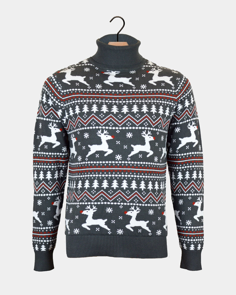 Jersey de Navidad de cuello Renos alto Hombre Gris Algodón Orgánico