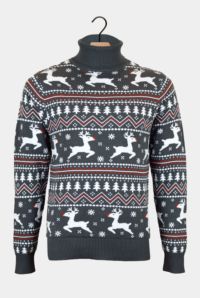 Jersey de Navidad de cuello Renos alto Hombre Gris Algodón Orgánico