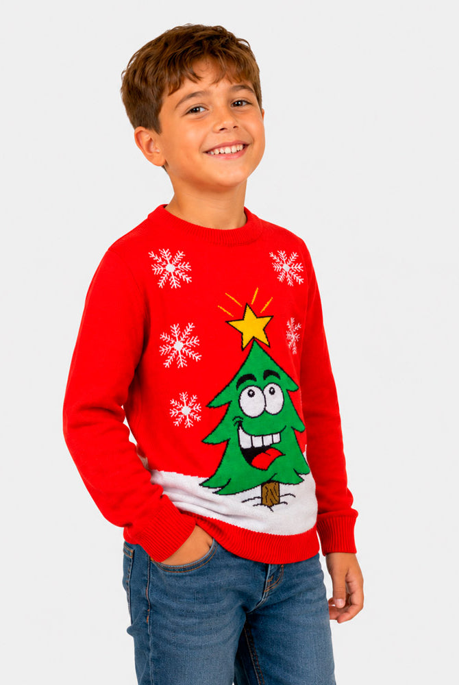 Jersey de Navidad Familia Árbol de Navidad Sonriente Rojo Niño