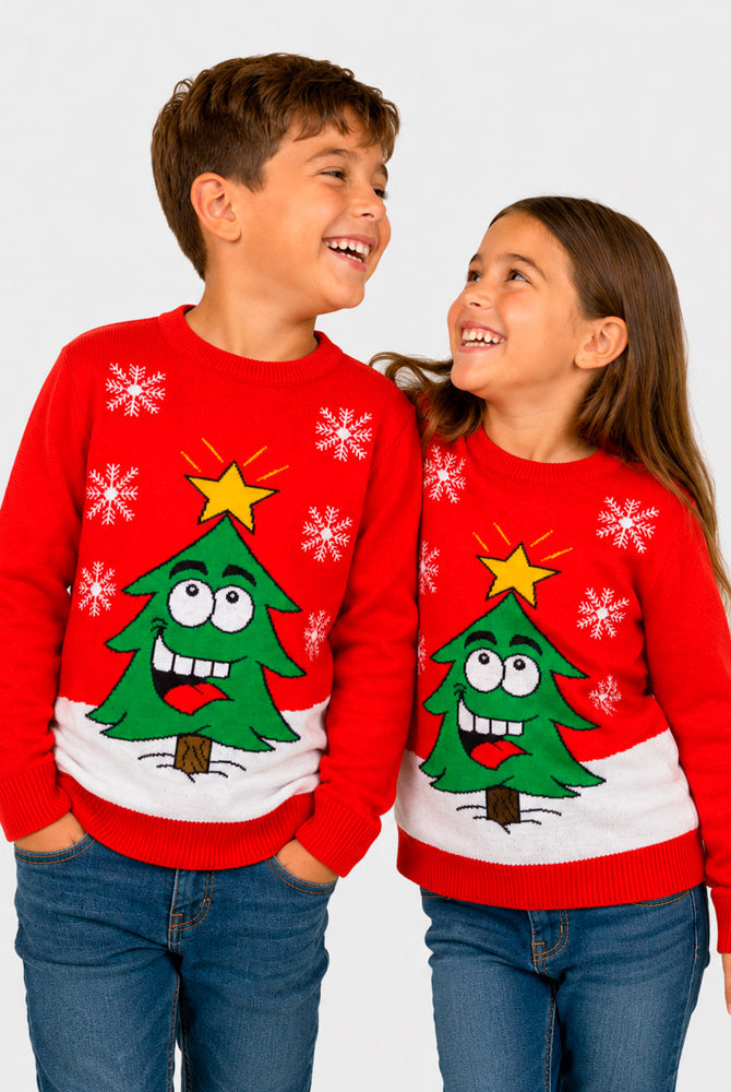 Jersey de Navidad Familia Árbol de Navidad Sonriente Rojo Niños