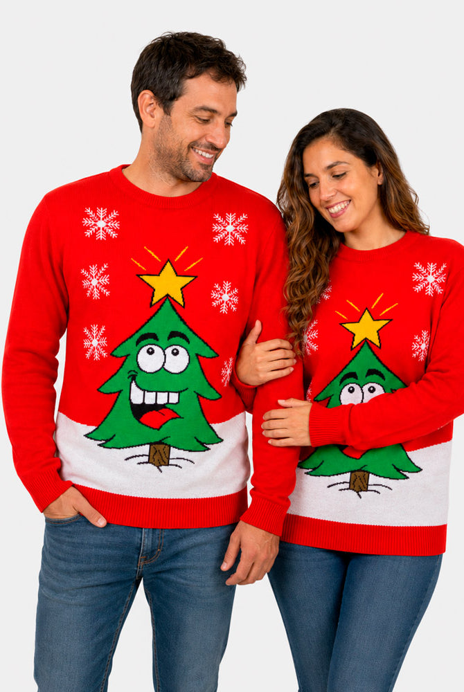 Jersey de Navidad Familia Árbol de Navidad Sonriente Rojo Pareja