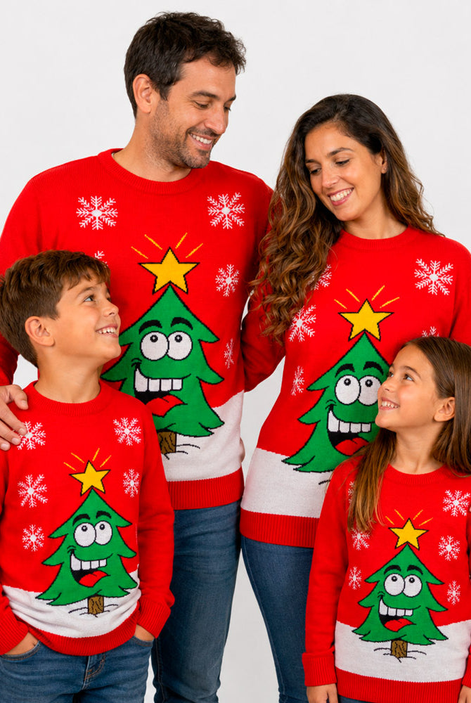 Jersey de Navidad Familia Árbol de Navidad Sonriente Rojo