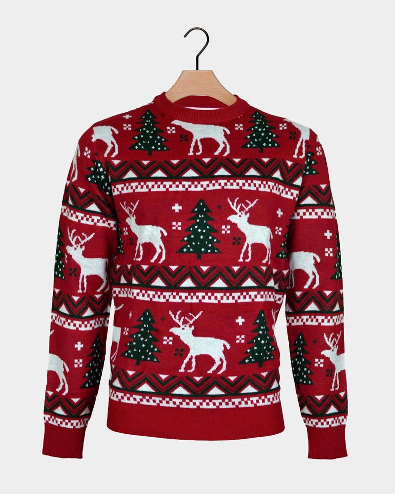 Jersey de Navidad Familia Árboles de Navidad y Renos Rojo