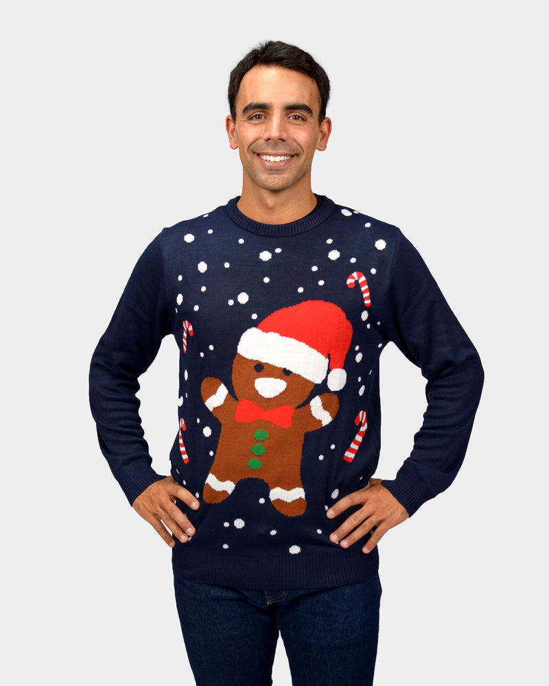 Jersey de Navidad para Familia Azul Gingerbread Hombre