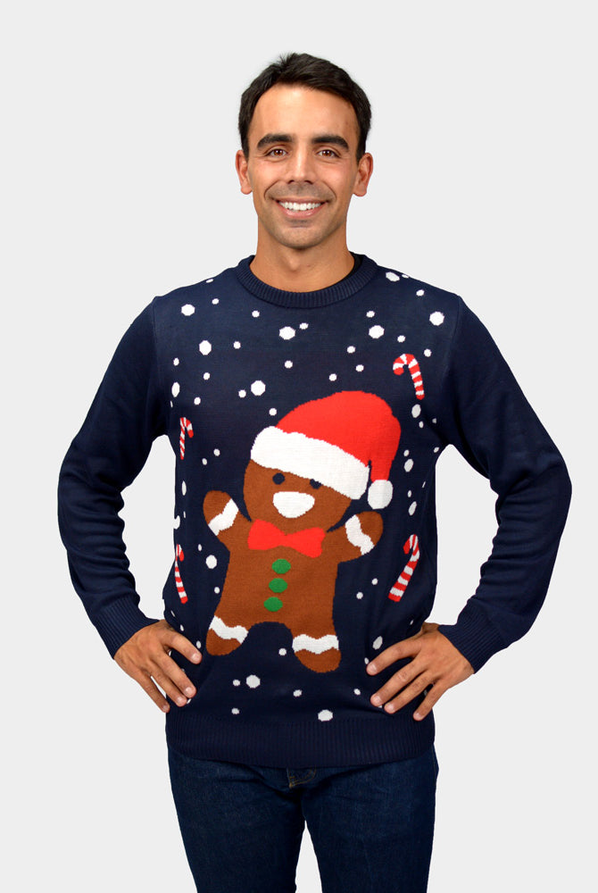 Jersey de Navidad para Familia Azul Gingerbread Hombre