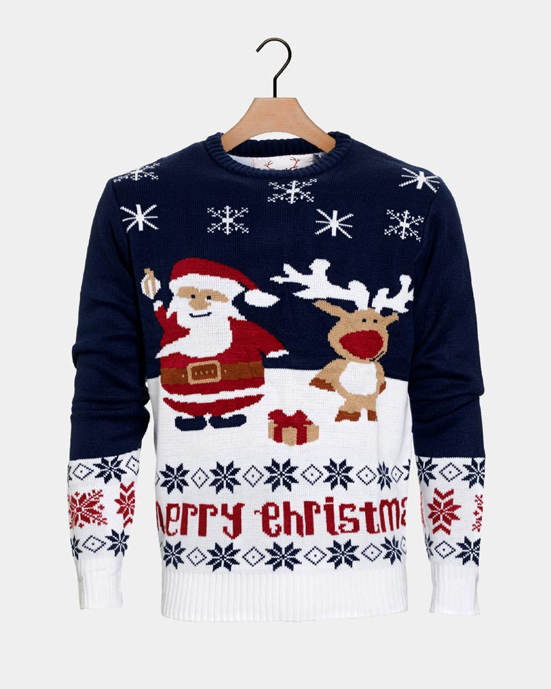 Jersey de Navidad para Familia Azul Papá Noel y Reno Rudolph