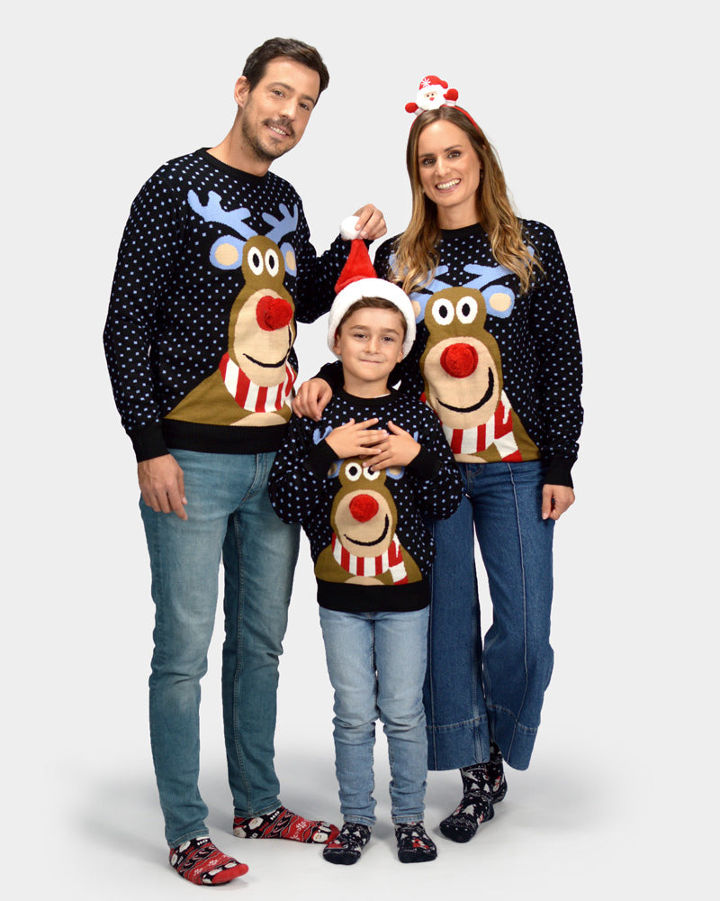 Jersey de Navidad Familia Azul Reno Rodolfo Nariz Roja en 3D
