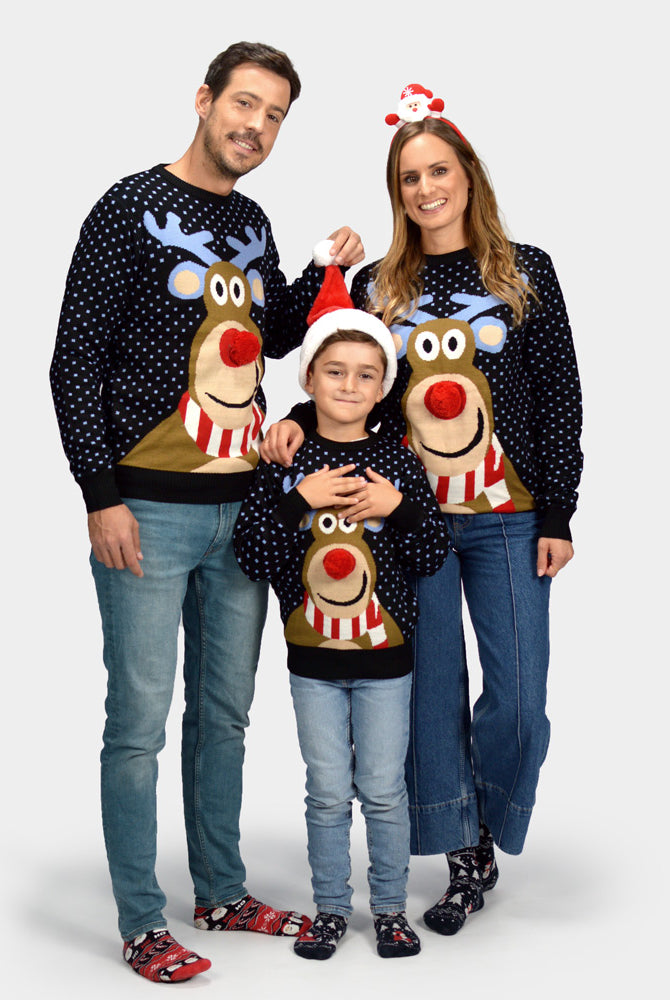 Jersey de Navidad Familia Azul Reno Rodolfo Nariz Roja en 3D