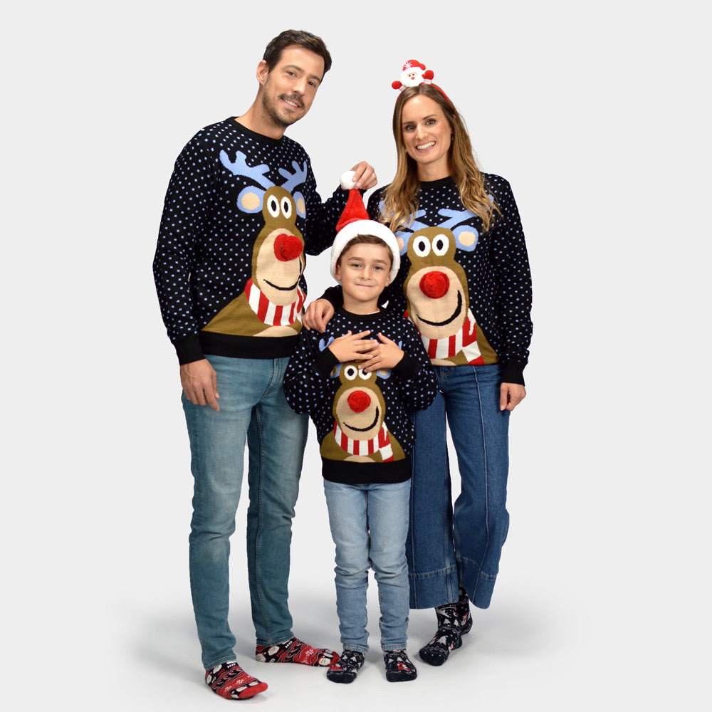 Jersey de Navidad Familia Azul Reno Rodolfo Nariz Roja en 3D