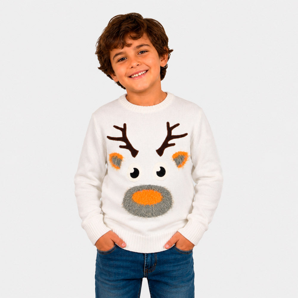 Jersey de Navidad para Familia Blanco con Reno 3D Algodón Niño