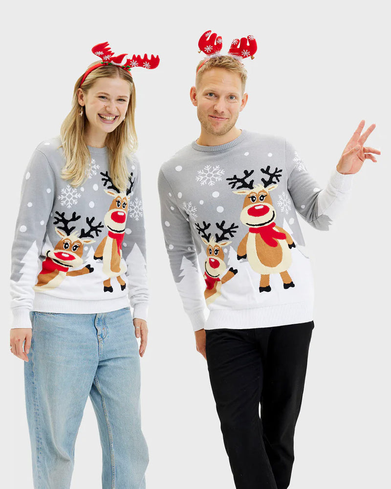 Jersey de Navidad Familia Gris con Renas Cute Mujer y Hombre