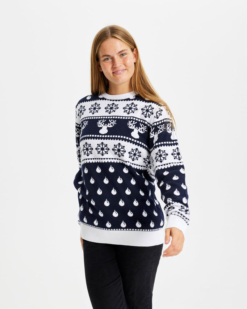 Jersey de Navidad Mujer Familia con Renos y Nieve Azul