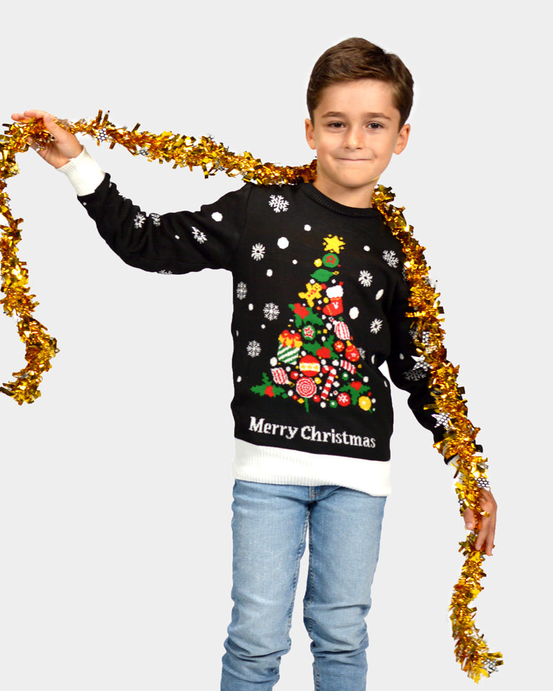 Jersey de Navidad para Familia Negro Niña y Niño Árbol de Navidad
