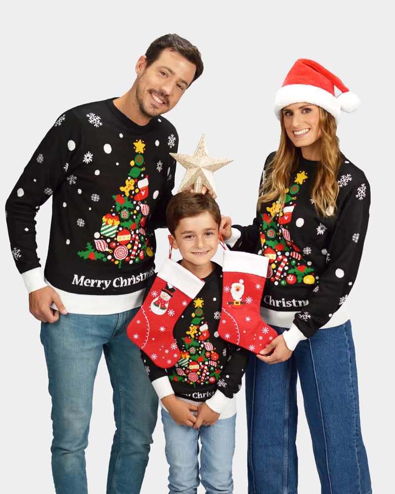 Jersey de Navidad para Familia Negro con Árbol de Navidad