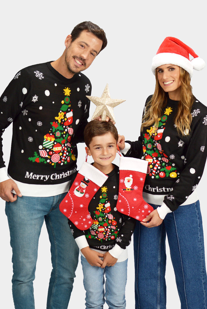 Jersey de Navidad para Familia Negro con Árbol de Navidad