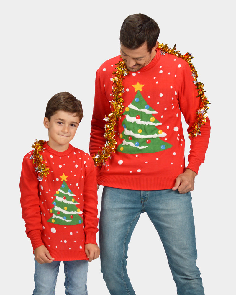 Jersey de Navidad Niño Hombre para Familia Rojo Árbol de Navidad