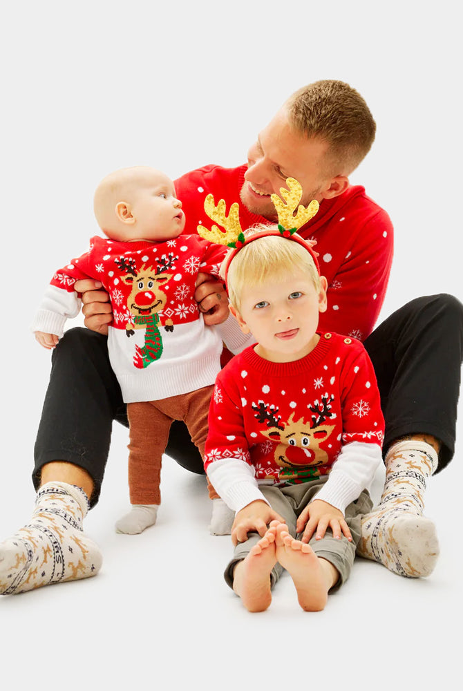 Jersey de Navidad Hombre Niña y Niño Reno con Bufanda