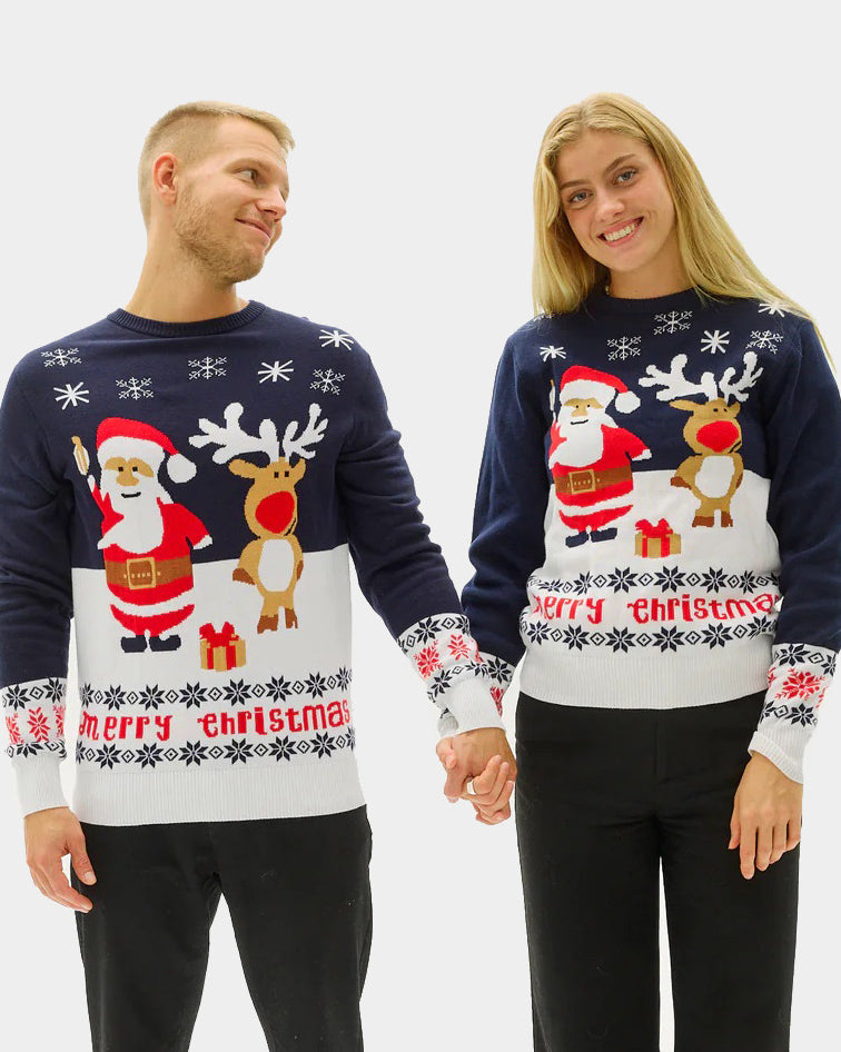 Papá Noel y Reno Rudolph pareja Jersey de Navidad para Familia Azul
