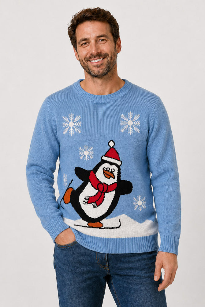 Jersey de Navidad Familia Pingüino Azul Claro Hombre