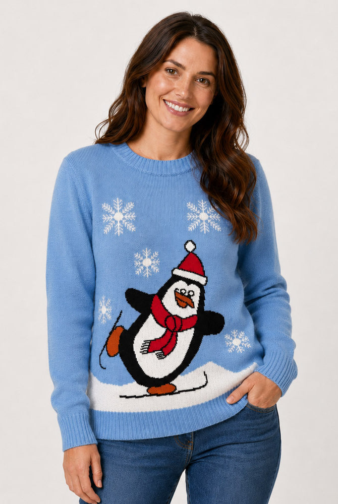 Jersey de Navidad Familia Pingüino Azul Claro Mujer