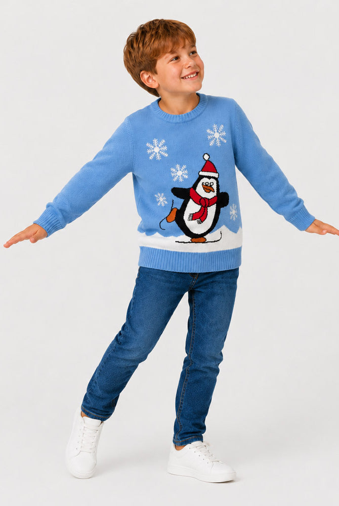 Jersey de Navidad Familia Pingüino Azul Claro Niño