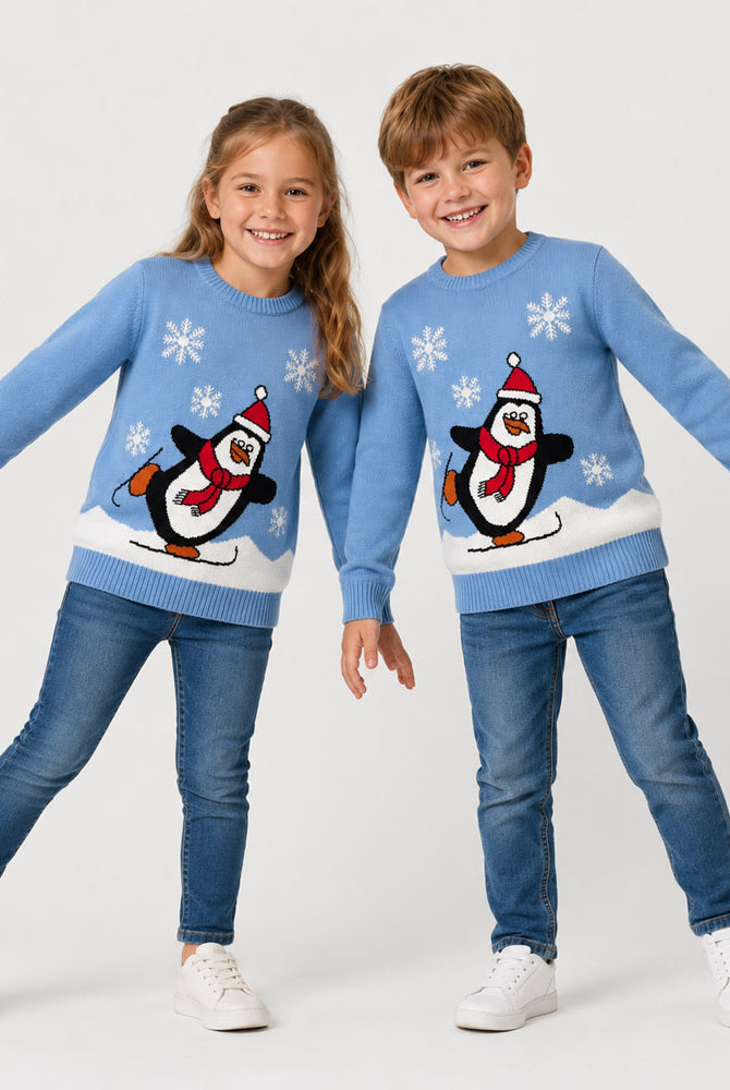 Jersey de Navidad Familia Pingüino Azul Claro Niños
