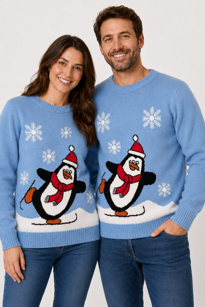 Jersey de Navidad Familia Pingüino Azul Claro Pareja