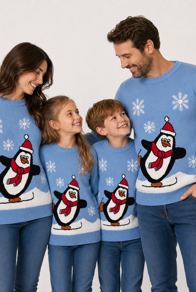 Jersey de Navidad Familia Pingüino Azul Claro