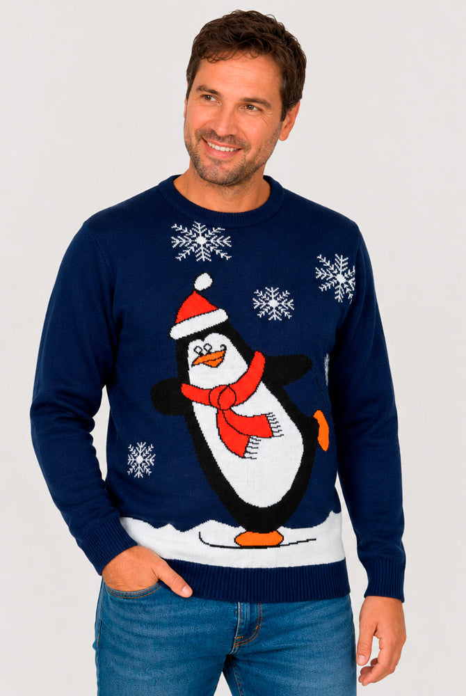 Jersey de Navidad Familia Pingüino Azul Marino Hombre