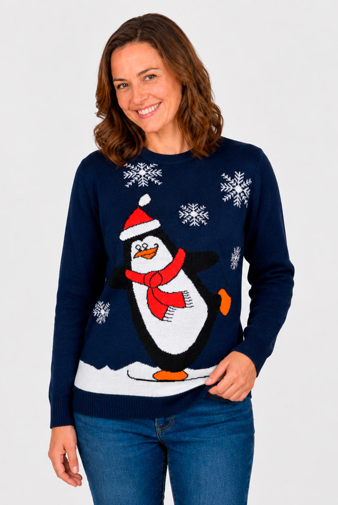 Jersey de Navidad Familia Pingüino Azul Marino Mujer